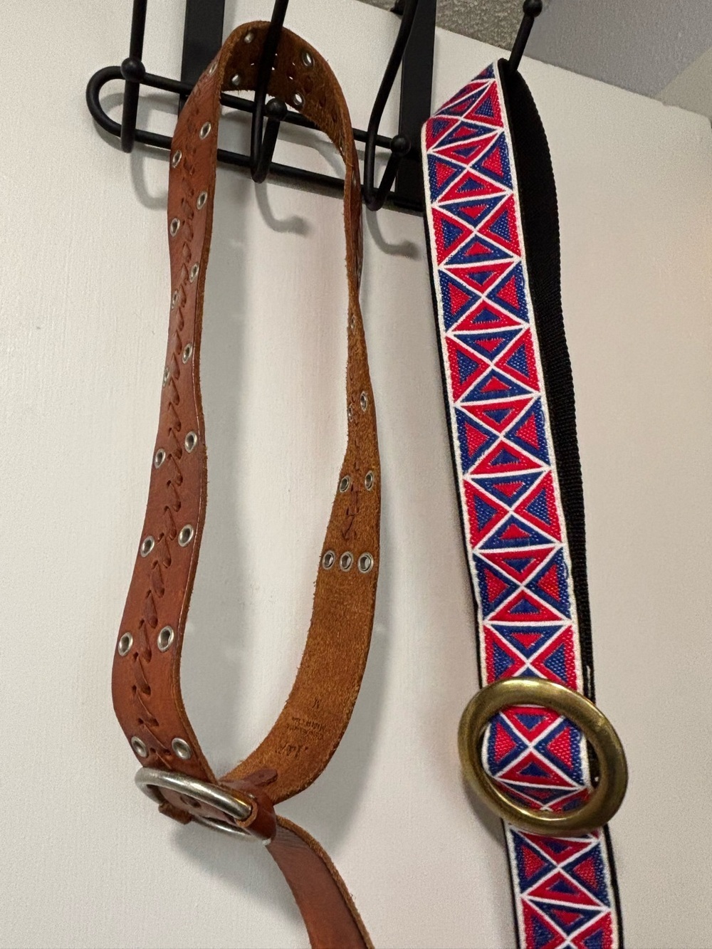 Lot of 2 Belts Abercrombie & Fitch Leather Solid Brass Red Blue Embroidered Sz M